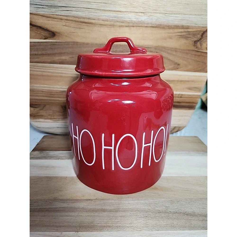 Rae Dunn by Magenta HO HO HO Chubby Canister Cookie Jar w Air-tight Lid Red EUC